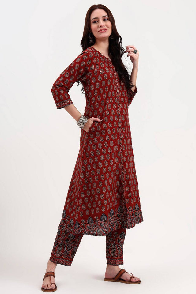 Rust Floral Printed Cotton Straight Cut Suit Set