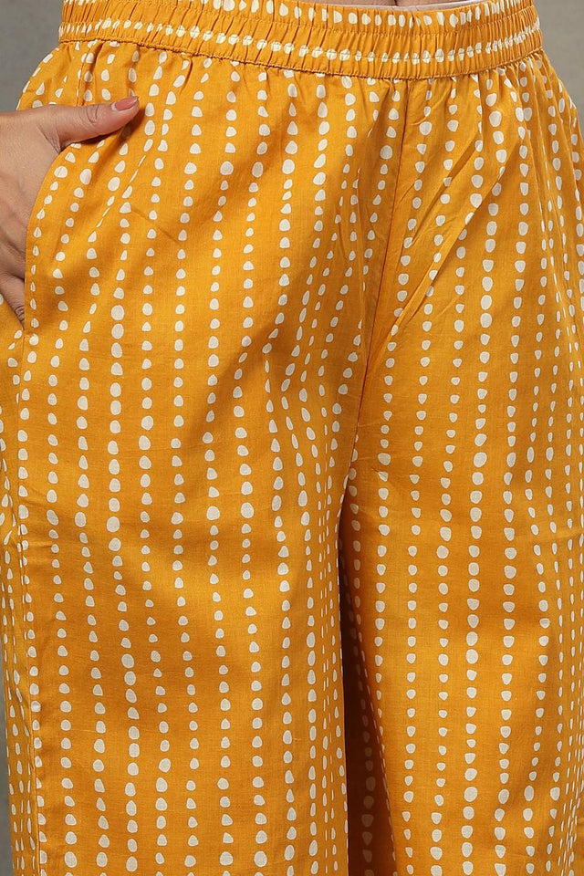 Mustard Striped Printed Cotton Palazzo Suit Set