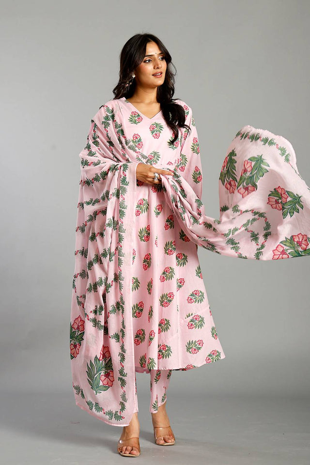 Pink Floral Printed Cotton Straight Cut Suit Set