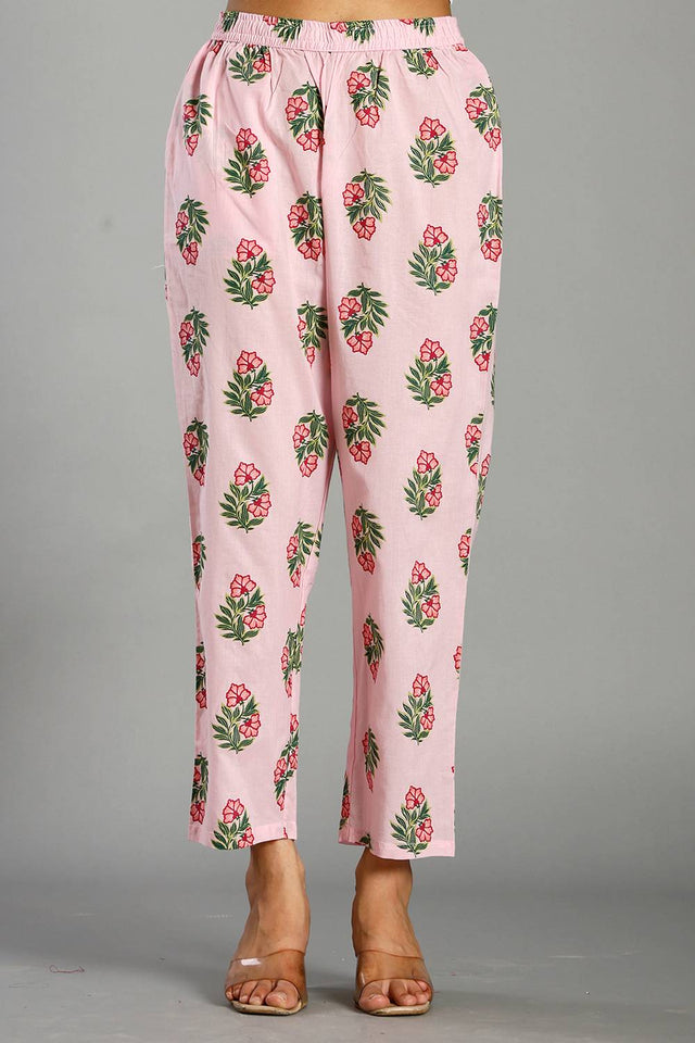 Pink Floral Printed Cotton Straight Cut Suit Set