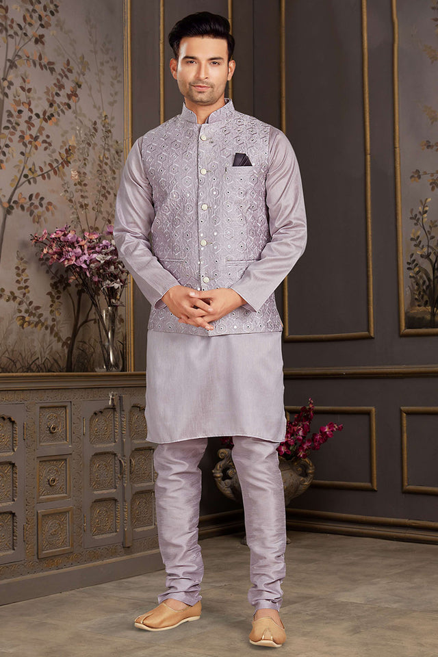 Lavender Mirror Sequin Mastani Silk Kurta Pajama Koti Set