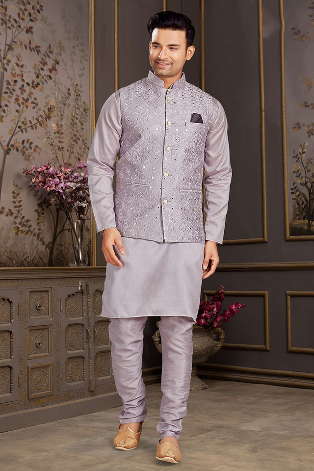 Lavender Mirror Sequin Mastani Silk Kurta Pajama Koti Set