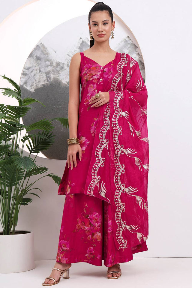 Dark Pink Floral Printed Cotton Palazzo Suit Set