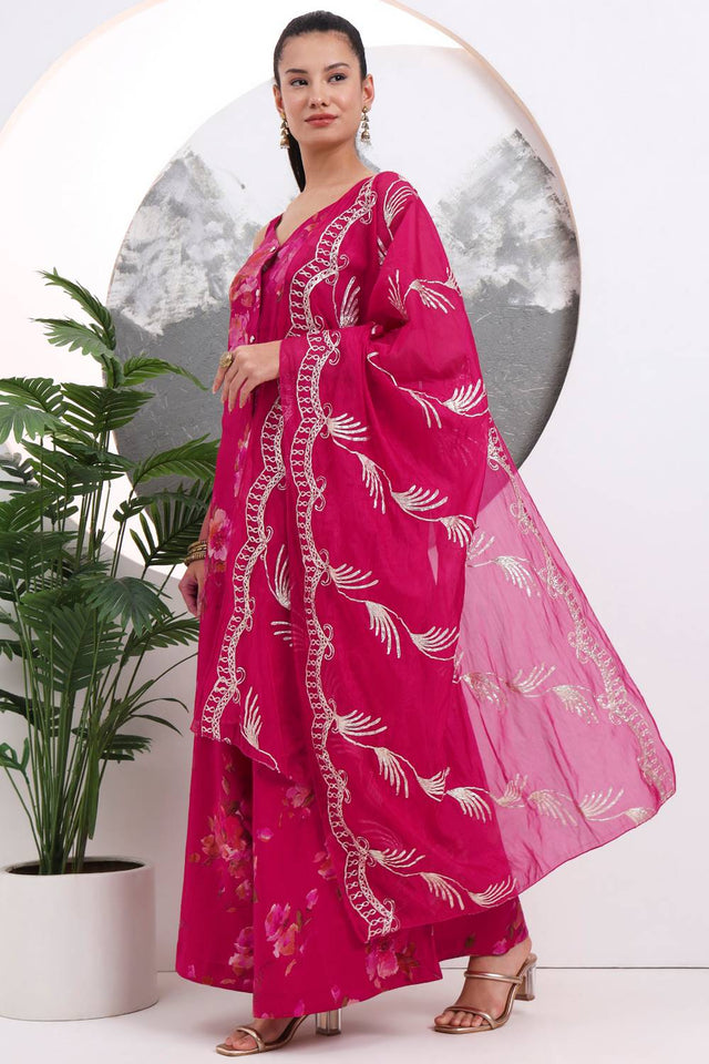 Dark Pink Floral Printed Cotton Palazzo Suit Set