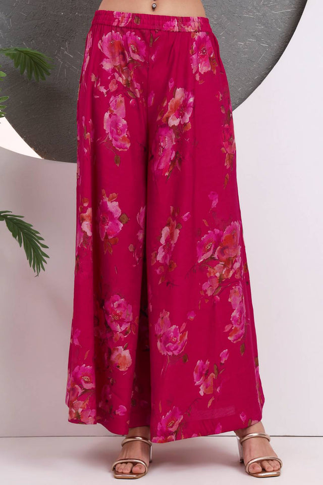 Dark Pink Floral Printed Cotton Palazzo Suit Set