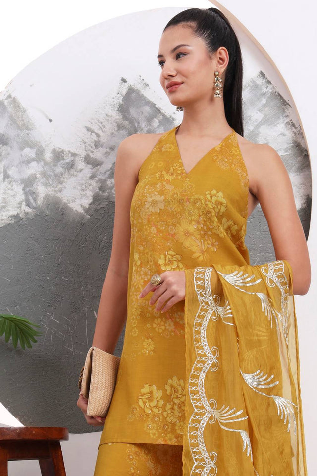 Mustard Floral Printed Silk Blend Palazzo Suit Set