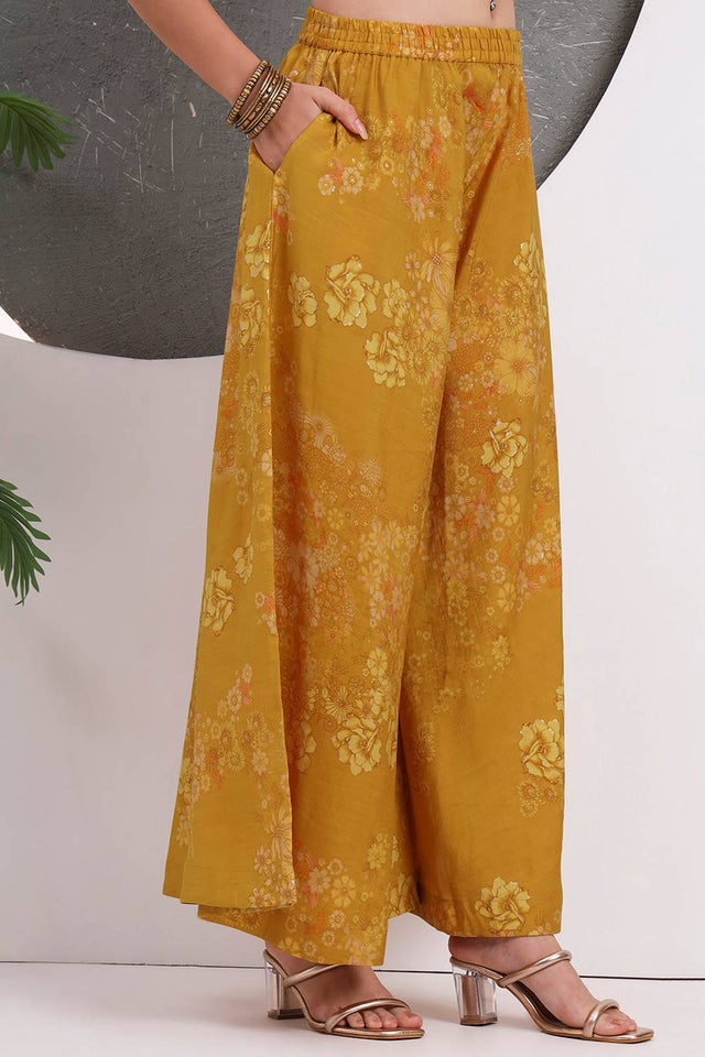 Mustard Floral Printed Silk Blend Palazzo Suit Set