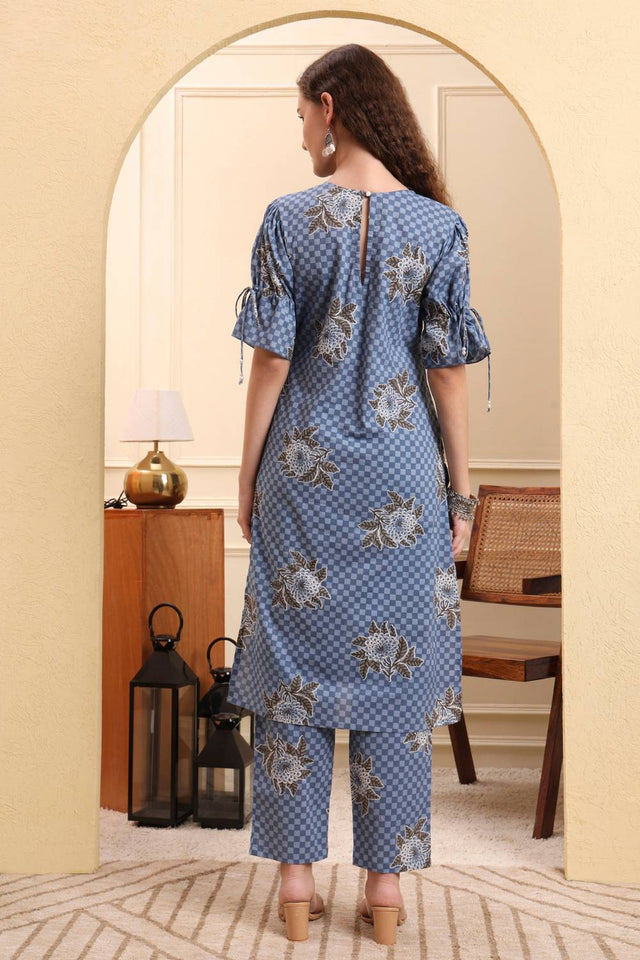 Blue Printed Cotton Straight Cut Suit Set
