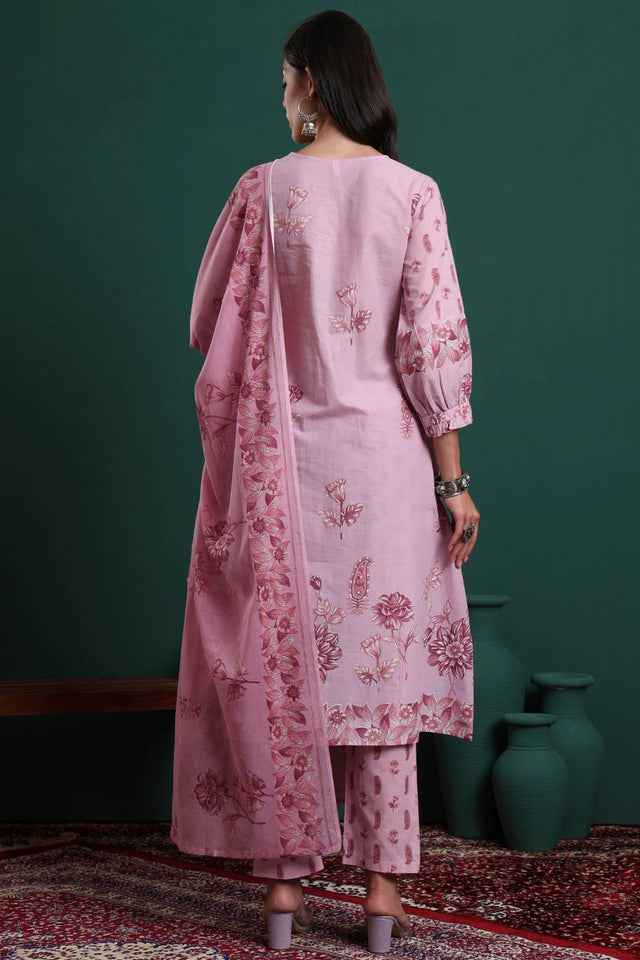Pink Floral Printed Cotton Straight Cut Suit Set