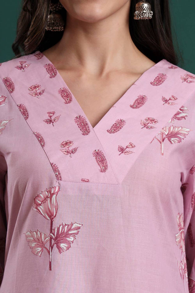 Pink Floral Printed Cotton Straight Cut Suit Set