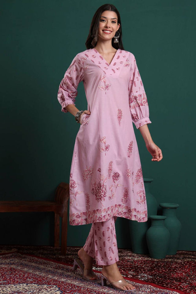 Pink Floral Printed Cotton Straight Cut Suit Set