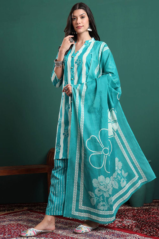 Blue Striped Cotton Palazzo Suit Set