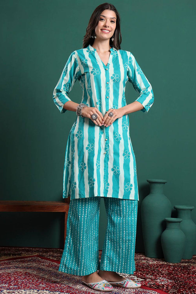 Blue Striped Cotton Palazzo Suit Set
