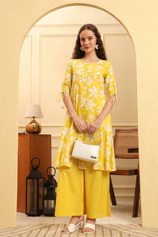 Yellow Floral Printed Cotton Straight Cut Suit Set