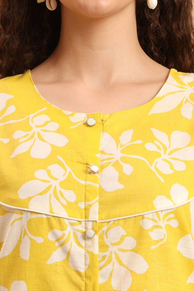 Yellow Floral Printed Cotton Straight Cut Suit Set