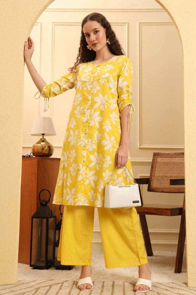 Yellow Floral Printed Cotton Straight Cut Suit Set