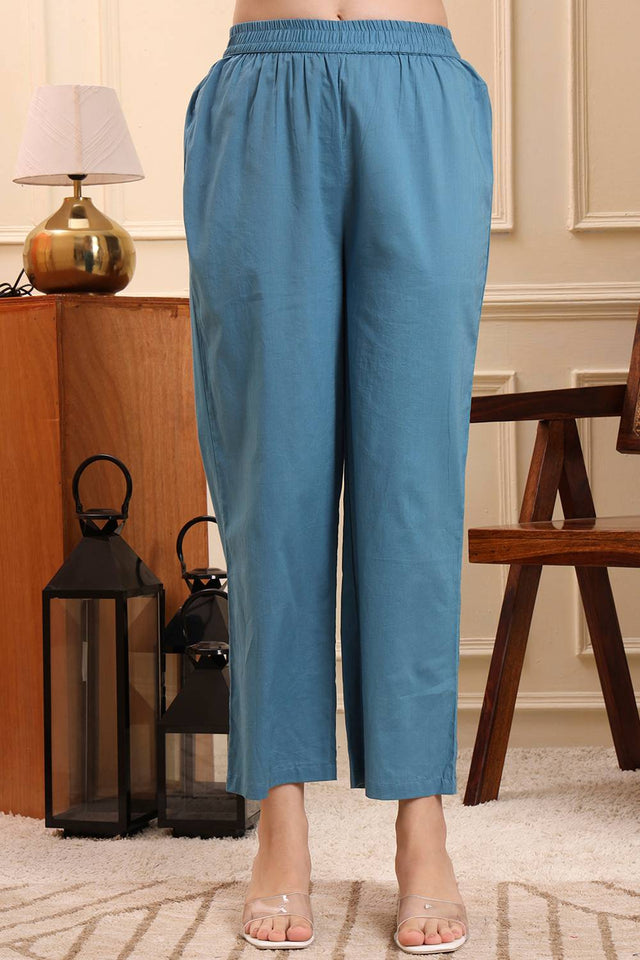 Blue Printed Cotton Straight Cut Suit Set