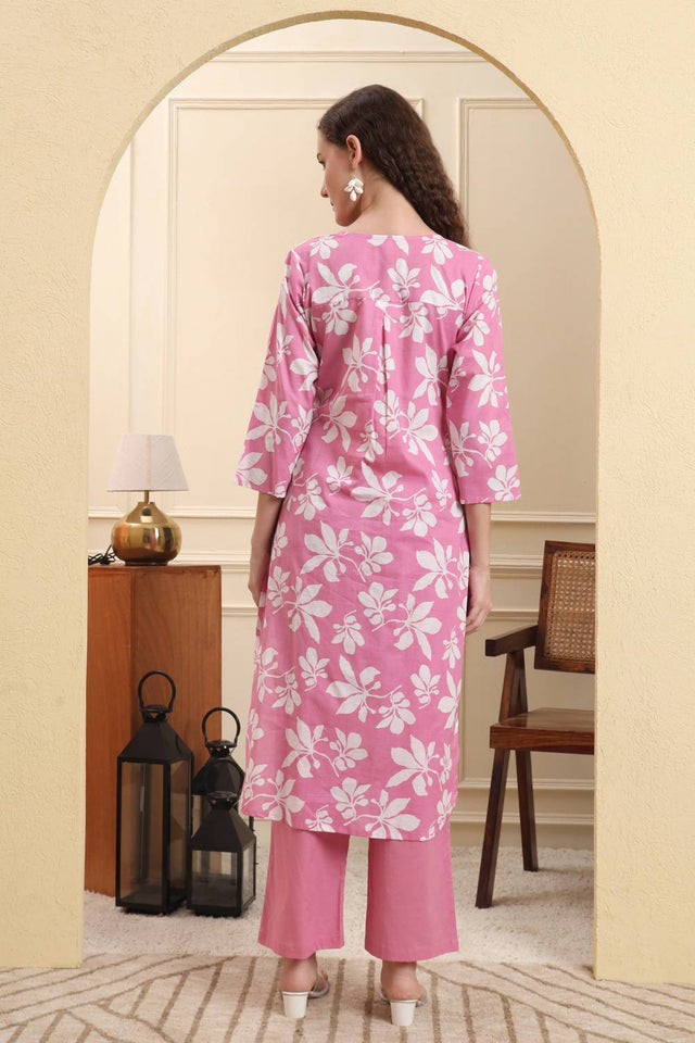 Pink Printed Cotton Straight Cut Suit Set