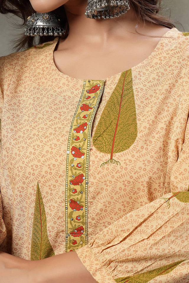 Green Floral Printed Cotton Straight Cut Suit Set