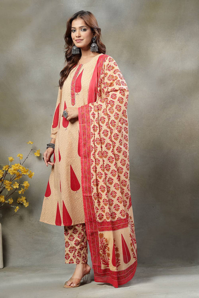 Red Floral Printed Cotton Straight Cut Suit Set