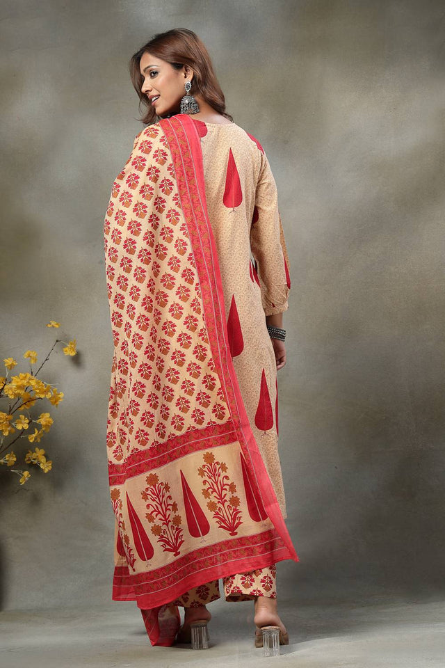 Red Floral Printed Cotton Straight Cut Suit Set