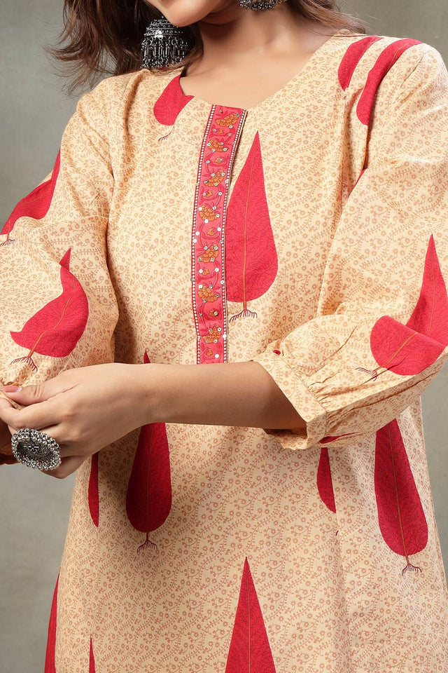 Red Floral Printed Cotton Straight Cut Suit Set