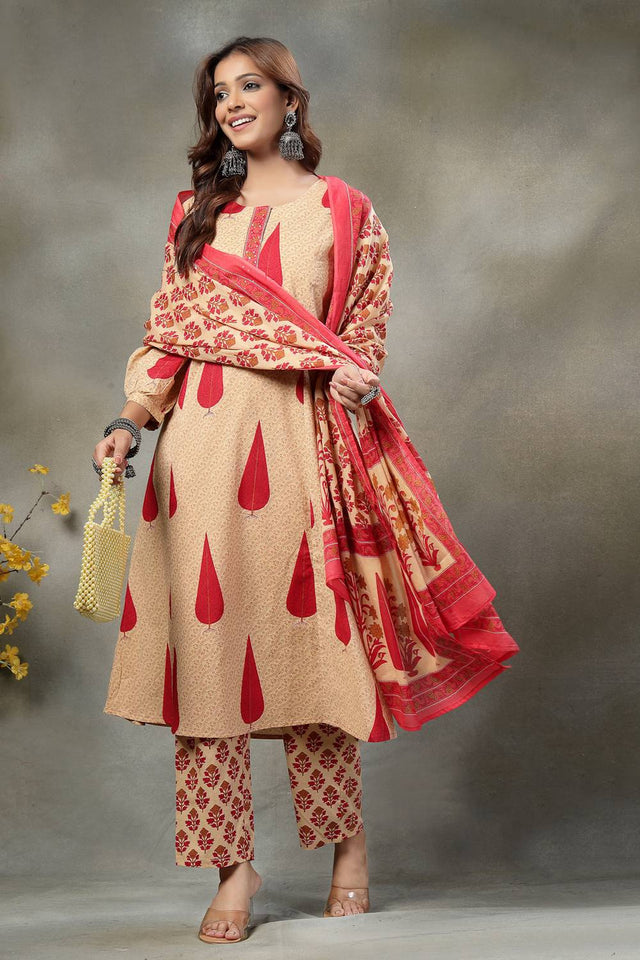 Red Floral Printed Cotton Straight Cut Suit Set