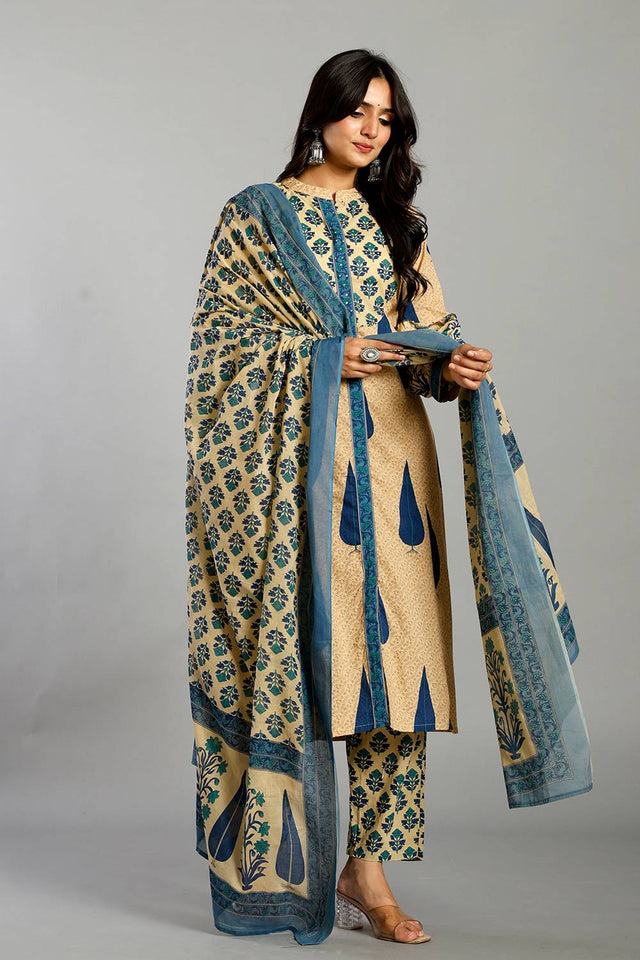 Multi Color Floral Printed Cotton Straight Cut Suit Set