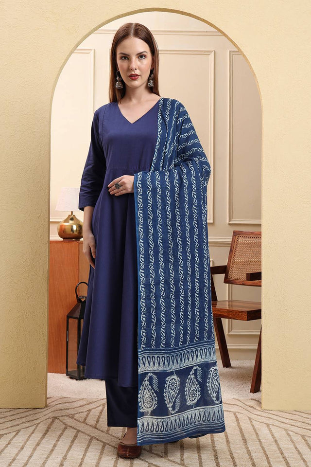 Blue Solid Cotton Straight Cut Suit Set