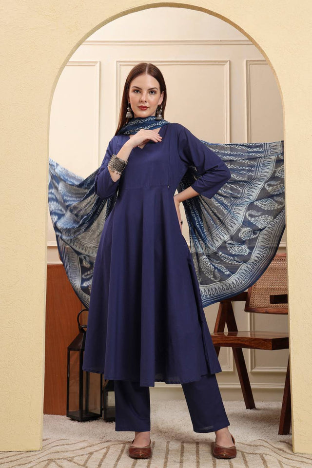 Blue Solid Cotton Straight Cut Suit Set