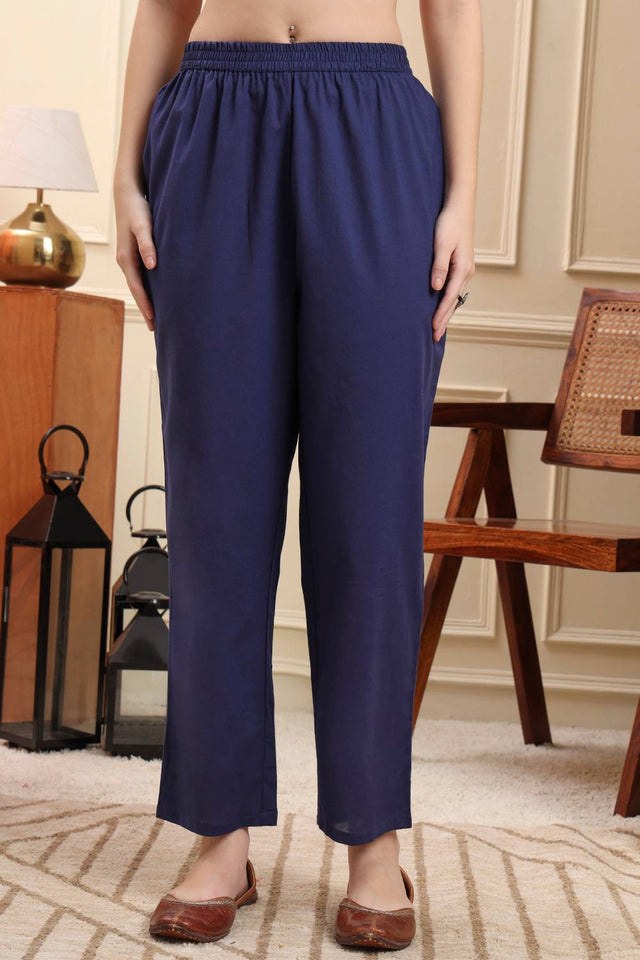 Blue Solid Cotton Straight Cut Suit Set