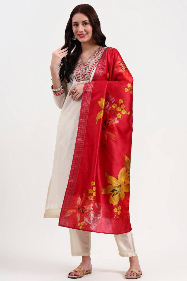 Cream Embroidered Chanderi Straight Cut Suit Set