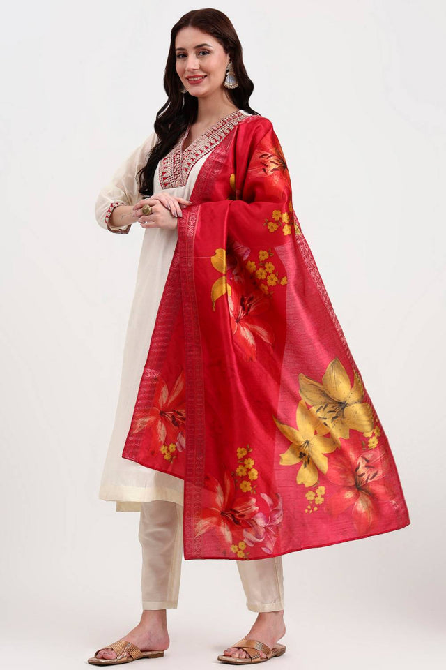 Cream Embroidered Chanderi Straight Cut Suit Set