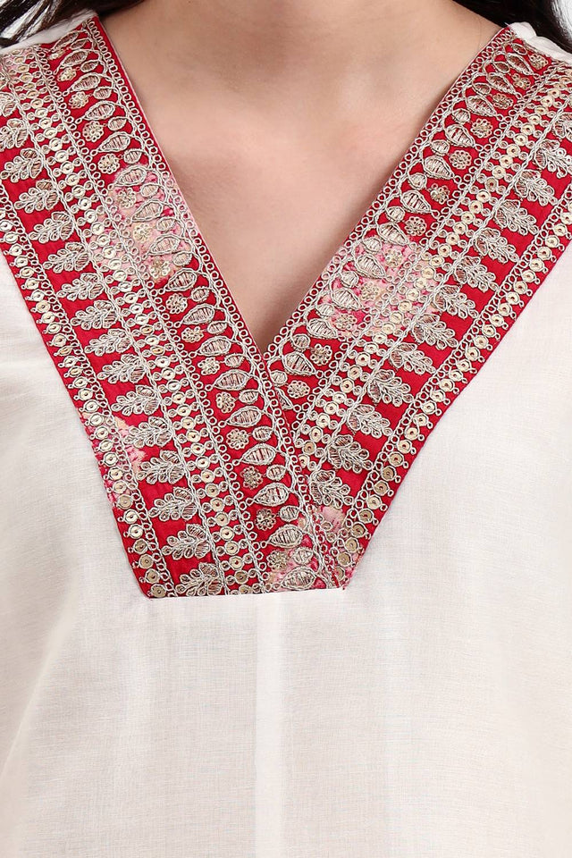 Cream Embroidered Chanderi Straight Cut Suit Set