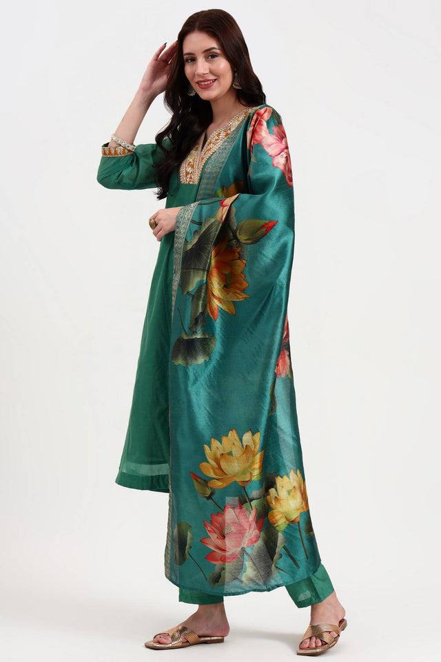 Green Embroidered Chanderi Straight Cut Suit Set
