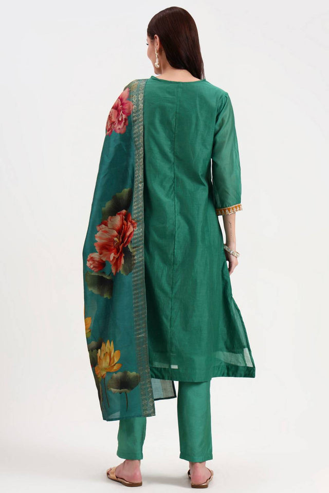 Green Embroidered Chanderi Straight Cut Suit Set