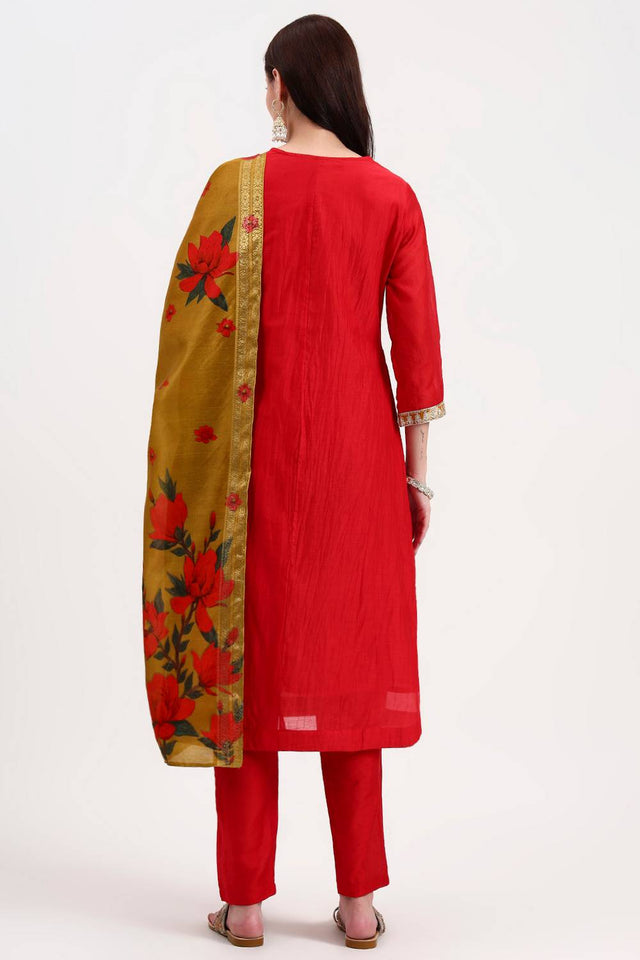 Red Embroidered Chanderi Straight Cut Suit Set