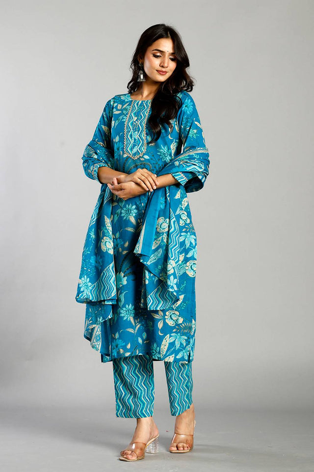 Turquoise Floral Printed Cotton Straight Cut Suit Set