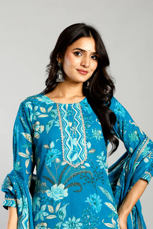 Turquoise Floral Printed Cotton Straight Cut Suit Set