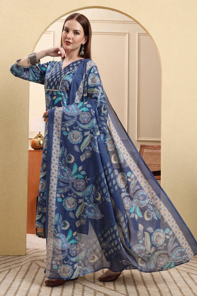 Blue Floral Printed Cotton Straight Cut Suit Set
