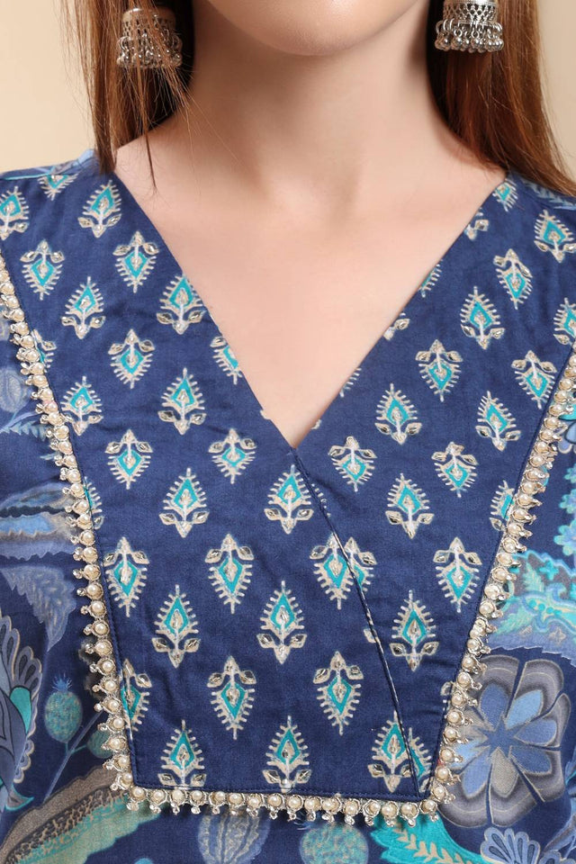 Blue Floral Printed Cotton Straight Cut Suit Set