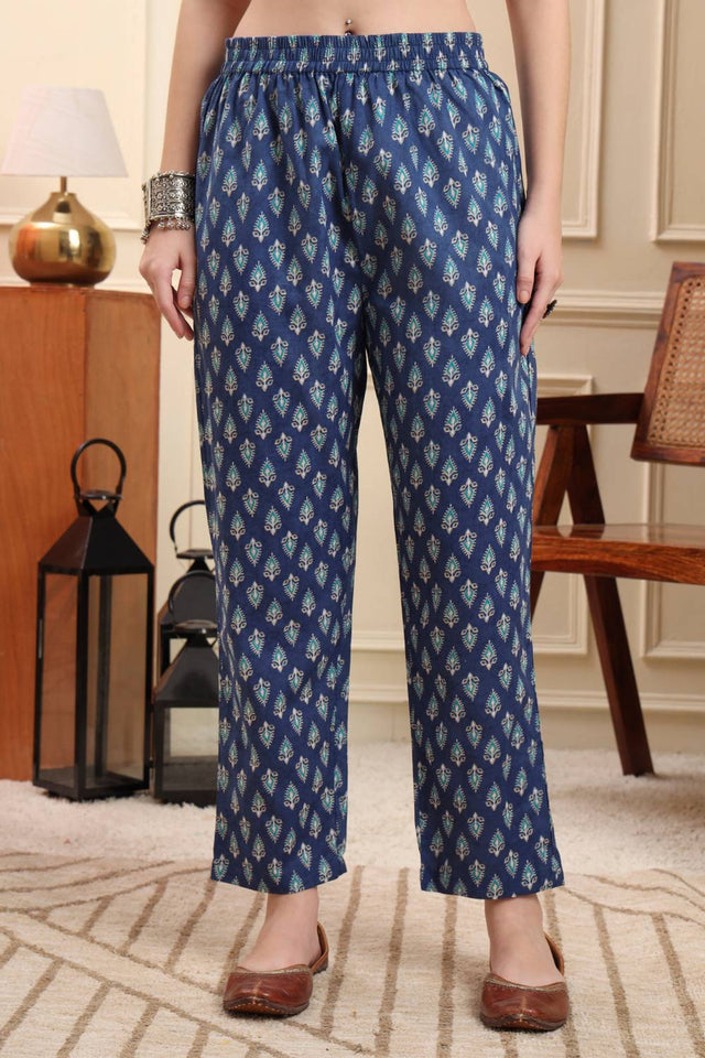 Blue Floral Printed Cotton Straight Cut Suit Set