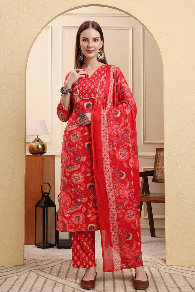 Red Floral Printed Cotton Straight Cut Suit Set