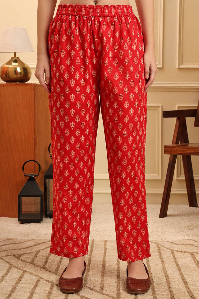 Red Floral Printed Cotton Straight Cut Suit Set