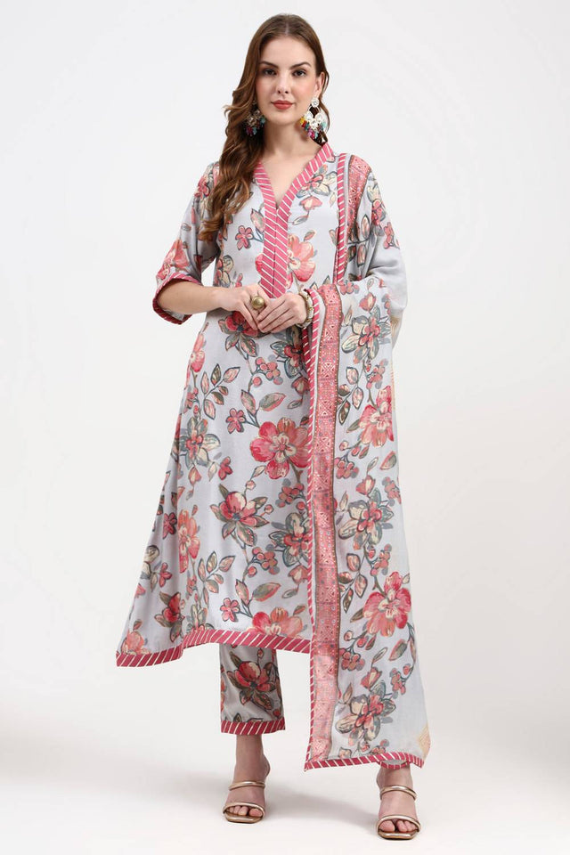 Multi Color Floral Printed Silk Straight Cut Suit Set