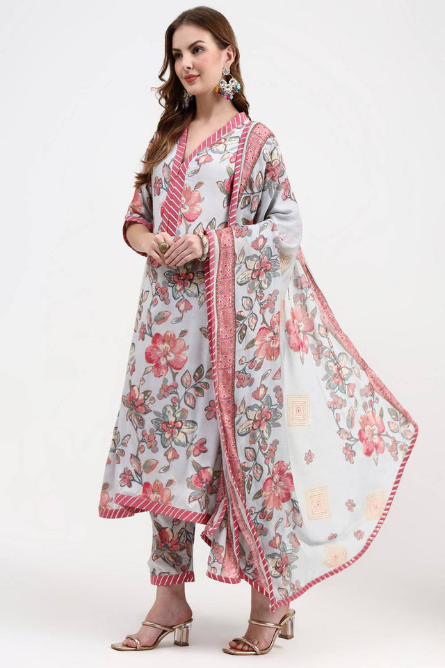 Multi Color Floral Printed Silk Straight Cut Suit Set