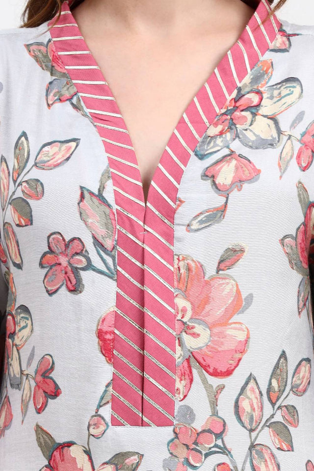 Multi Color Floral Printed Silk Straight Cut Suit Set