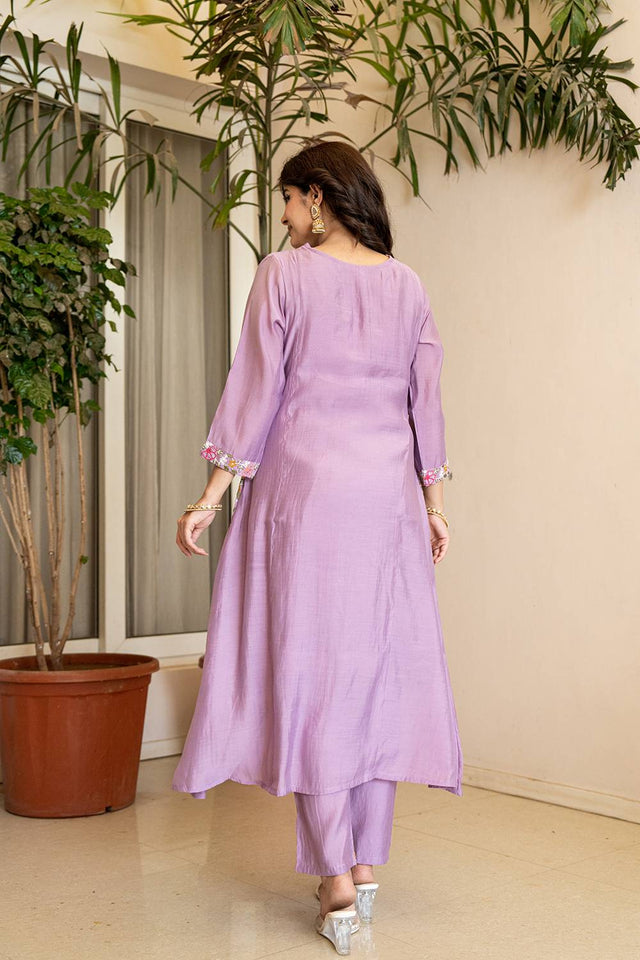 Lavender Solid Chanderi Straight Cut Suit Set