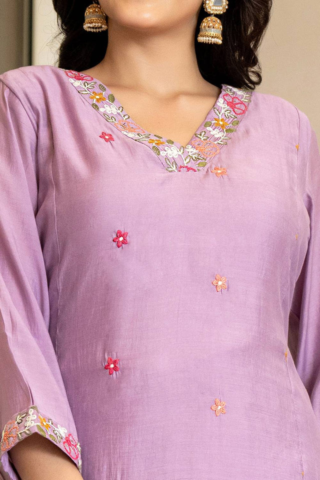 Lavender Solid Chanderi Straight Cut Suit Set
