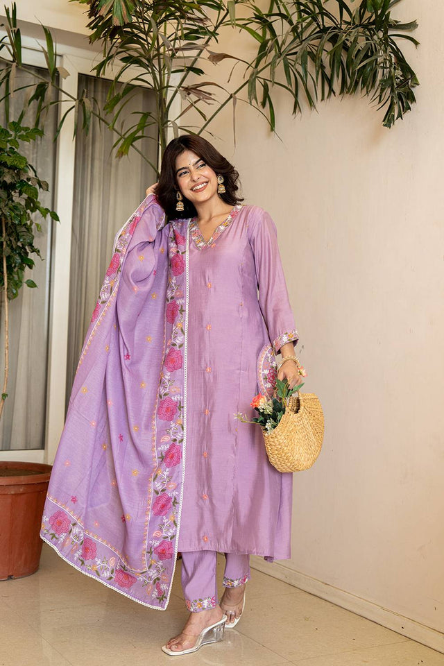 Lavender Solid Chanderi Straight Cut Suit Set